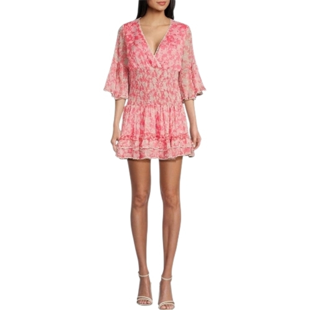 Chelsea & Violet Pink Floral V-Neck Smocked Mini Dress Size Small NWT